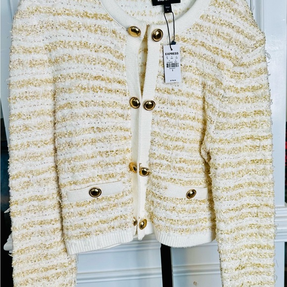 Express Sweaters - Express Cream and Gold Buttoned Cardigan